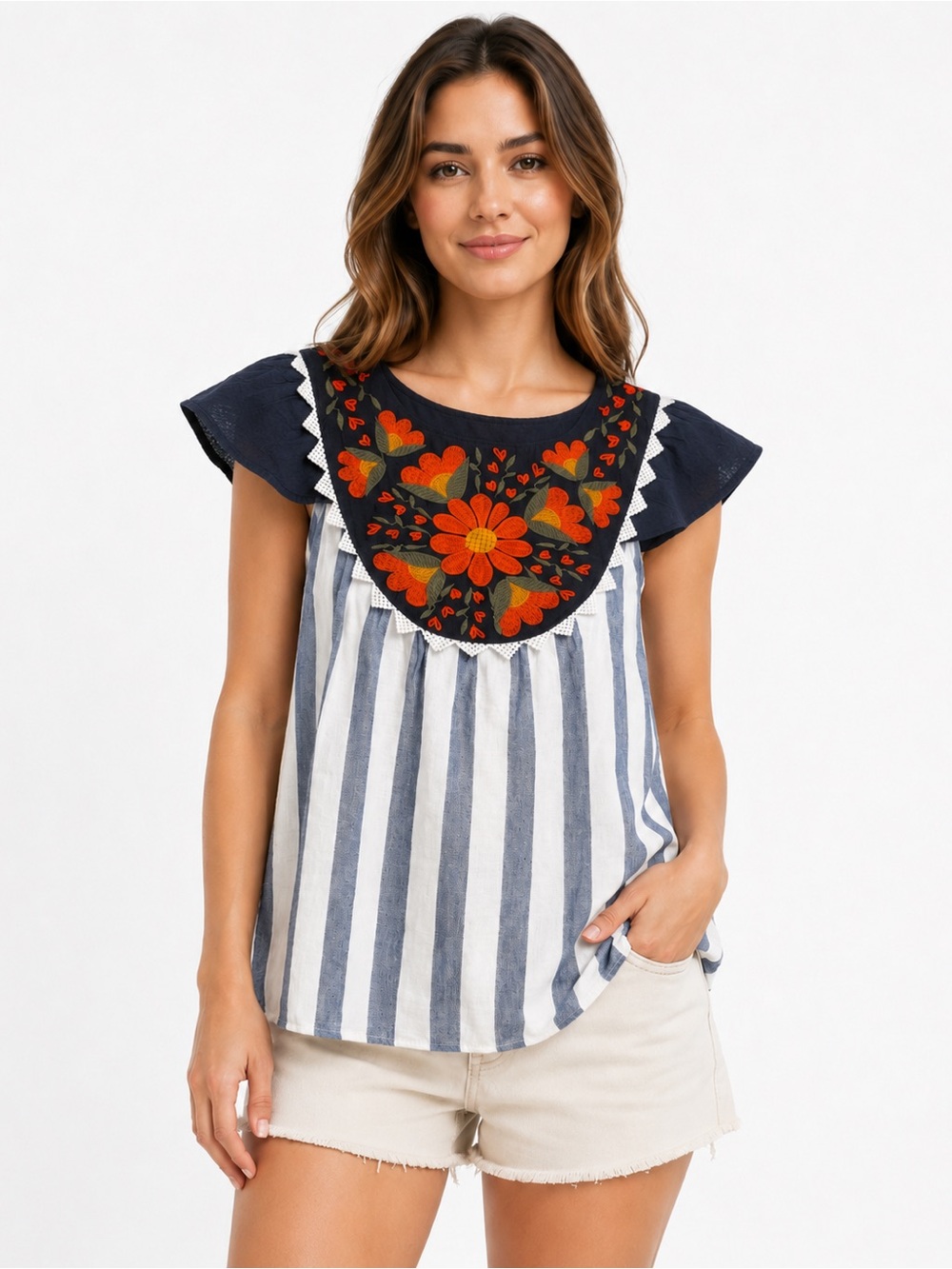 THML NWT Embroidered Floral Stripe Blouse Navy Flutter Sleeve Size M